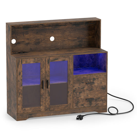 Rustic brown wine bar cabinet with LED lights and charging station, furniture for kitchen and dining storage.