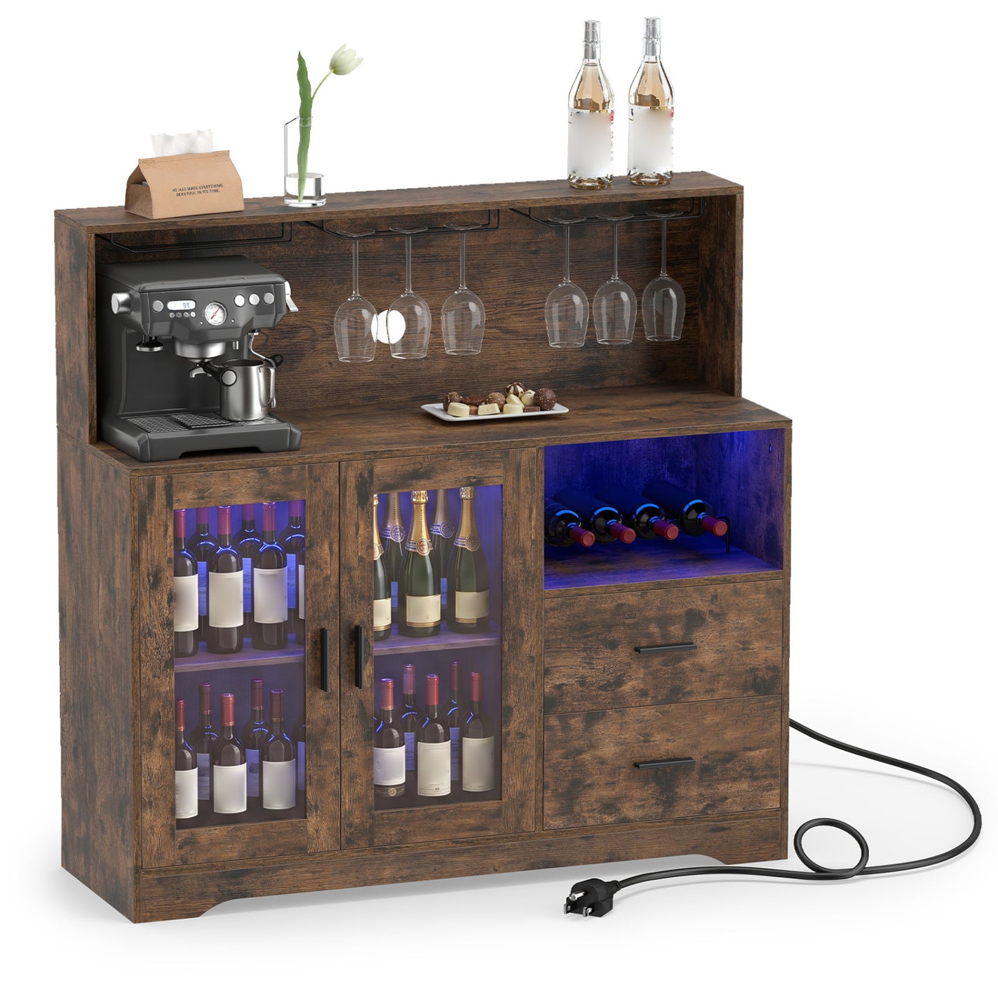 Wine Bar Cabinet with LED Lights and Charging Station-Rustic Brown
