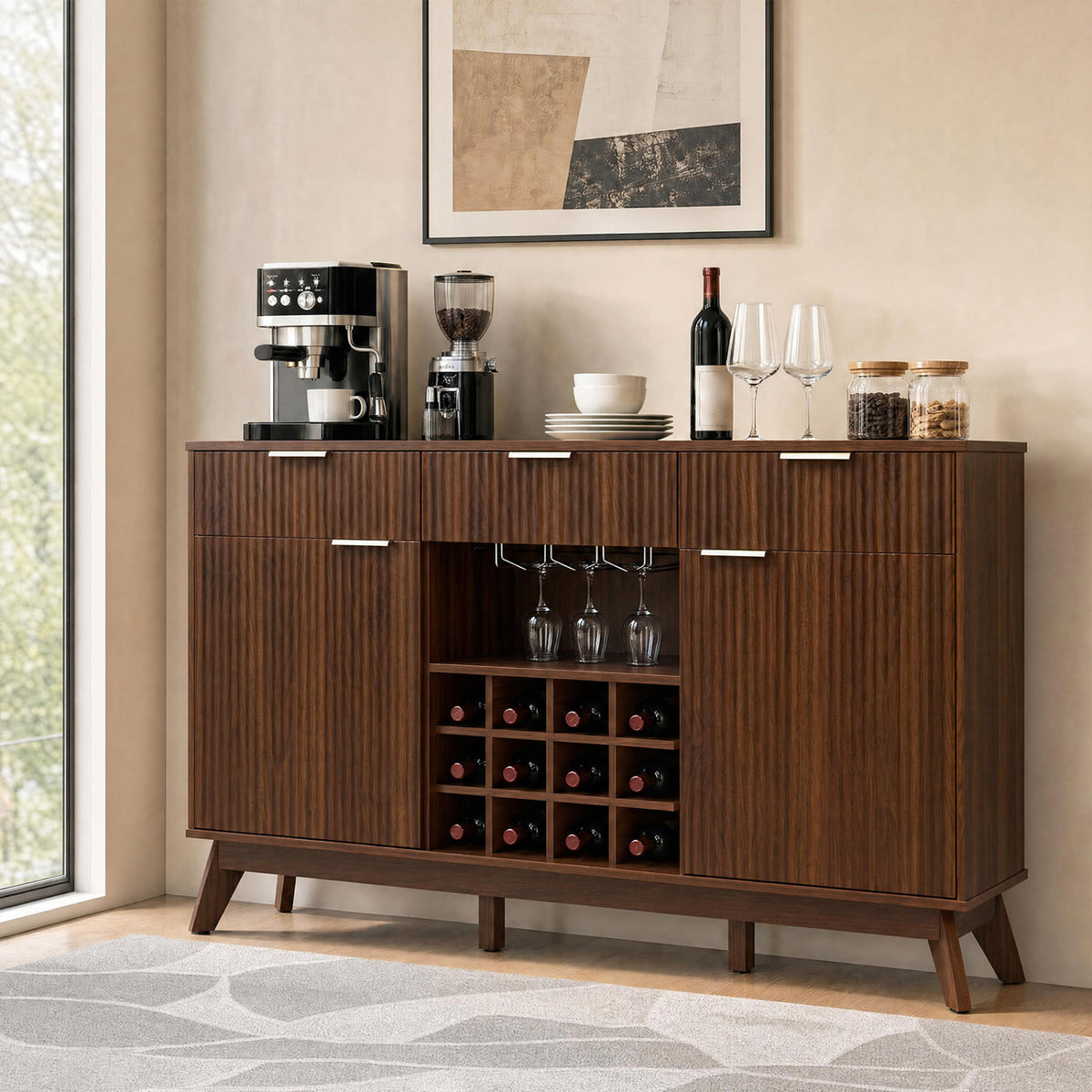 Wine Bar Cabinet with Adjustable Shelves and 2 Doors 3 Glass Holders for Kitchen-Brown
