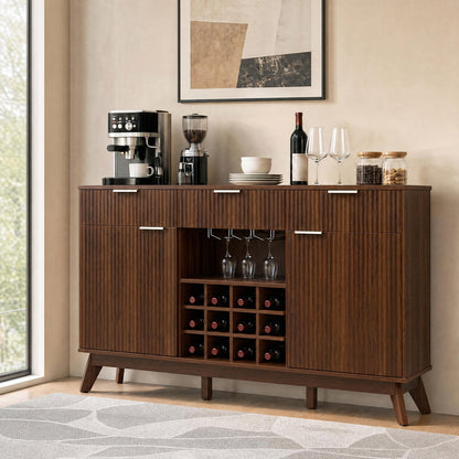 Wine Bar Cabinet with Adjustable Shelves and 2 Doors 3 Glass Holders for Kitchen-Brown