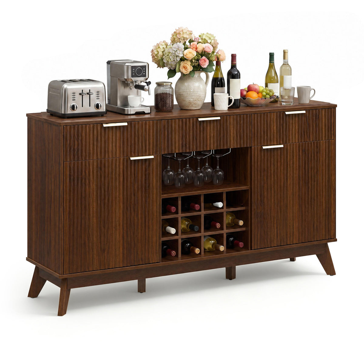 Wine Bar Cabinet with Adjustable Shelves and 2 Doors 3 Glass Holders for Kitchen-Brown