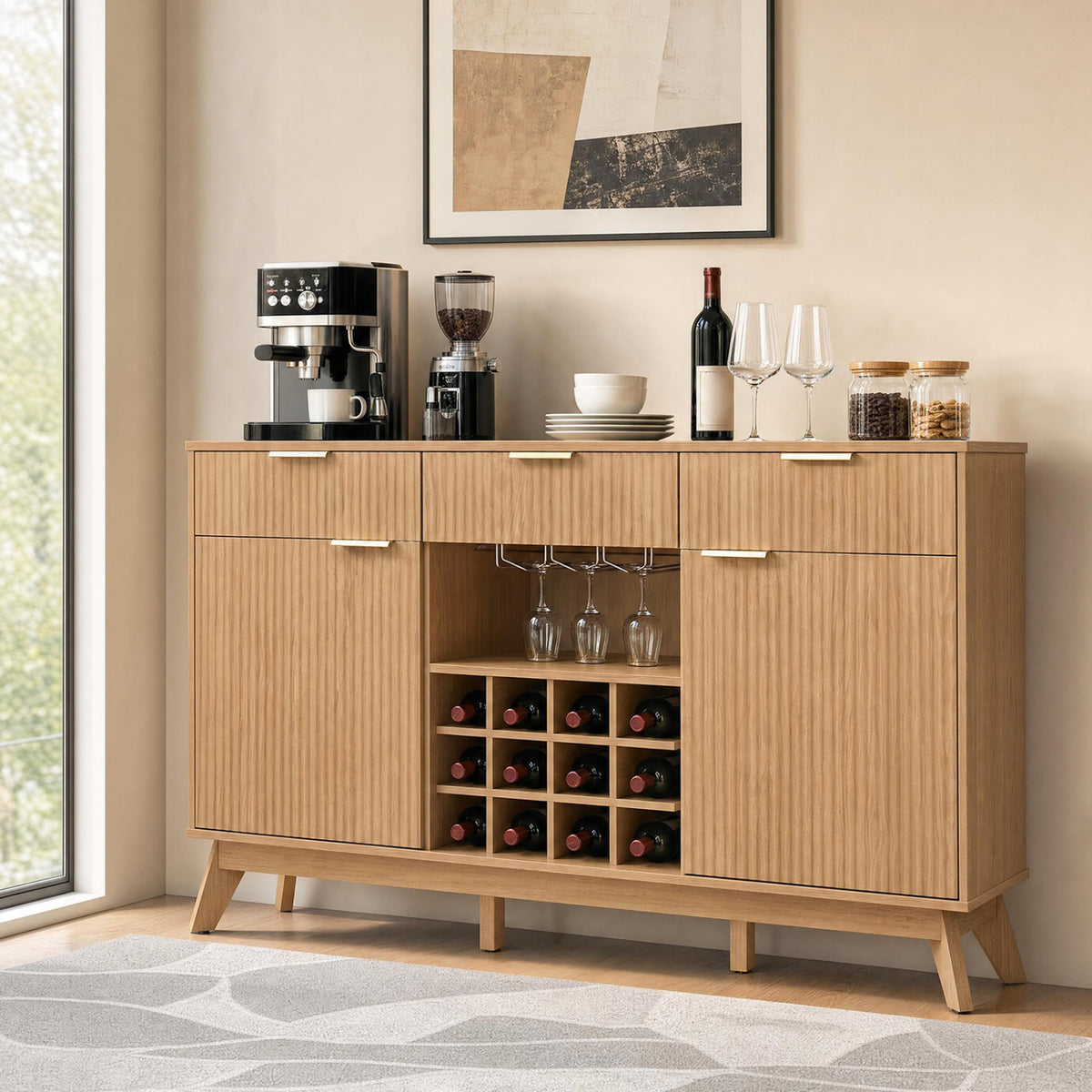 Wine Bar Cabinet with Adjustable Shelves and 2 Doors 3 Glass Holders for Kitchen-Brown