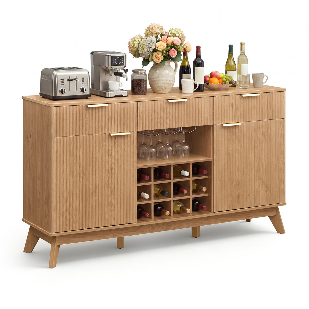 Wine Bar Cabinet with Adjustable Shelves and 2 Doors 3 Glass Holders for Kitchen-Brown