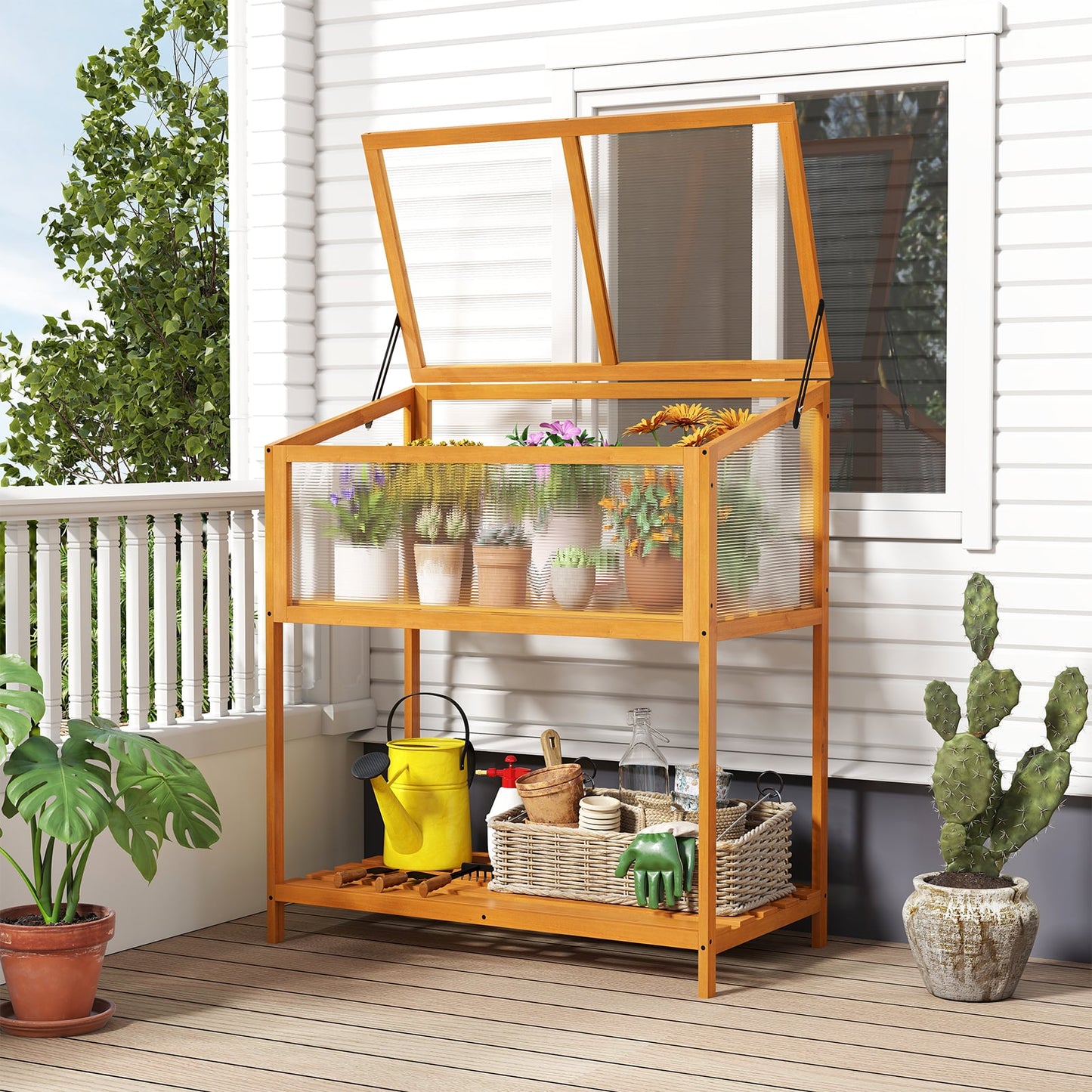 Wood Cold Frame Greenhouse with Transparent Openable Roof and Slatted Storage Shelf-Orange