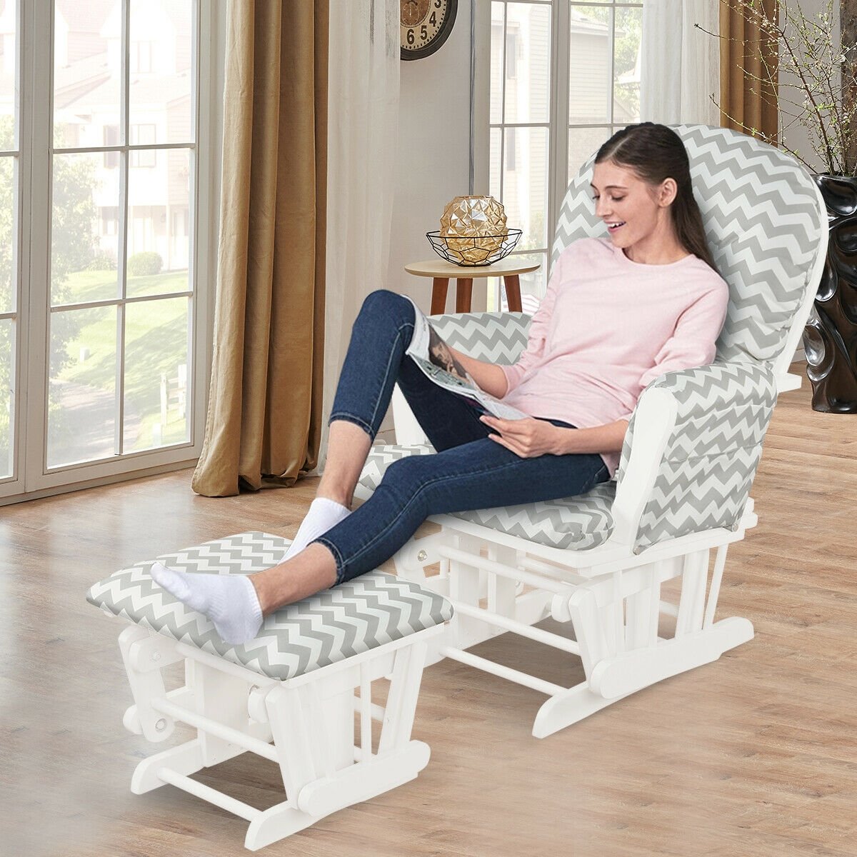 Wood Glider and Ottoman Set with Padded Armrests and Detachable Cushion-Beige