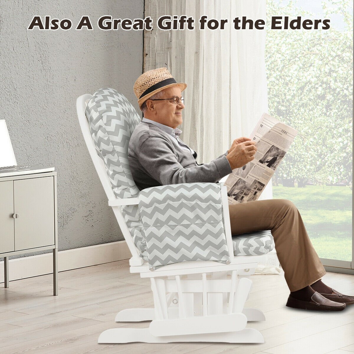 Wood Glider and Ottoman Set with Padded Armrests and Detachable Cushion-Beige