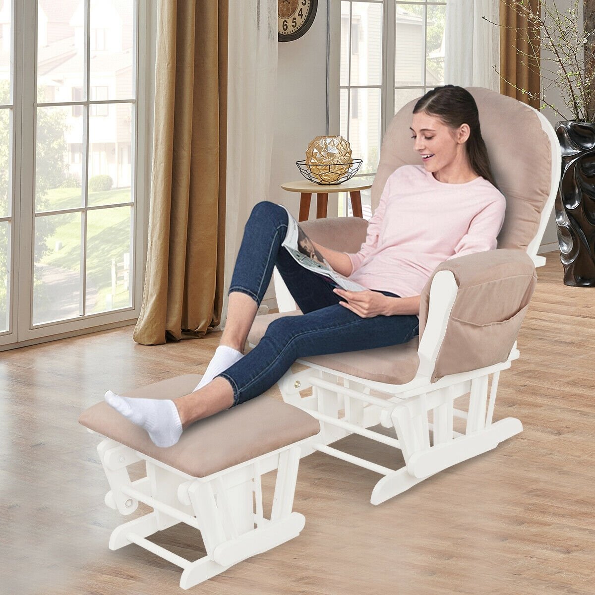 Wood Glider and Ottoman Set with Padded Armrests and Detachable Cushion-Beige