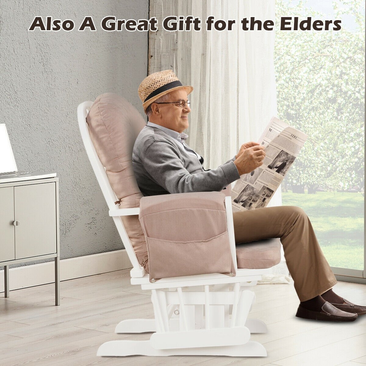 Wood Glider and Ottoman Set with Padded Armrests and Detachable Cushion-Beige