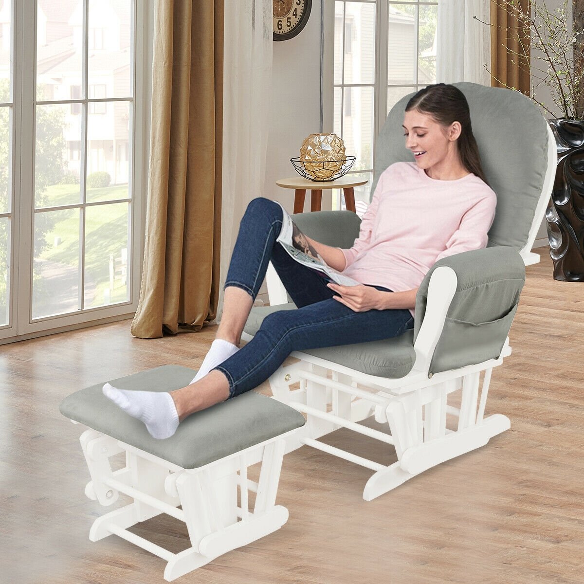 Wood Glider and Ottoman Set with Padded Armrests and Detachable Cushion-Beige