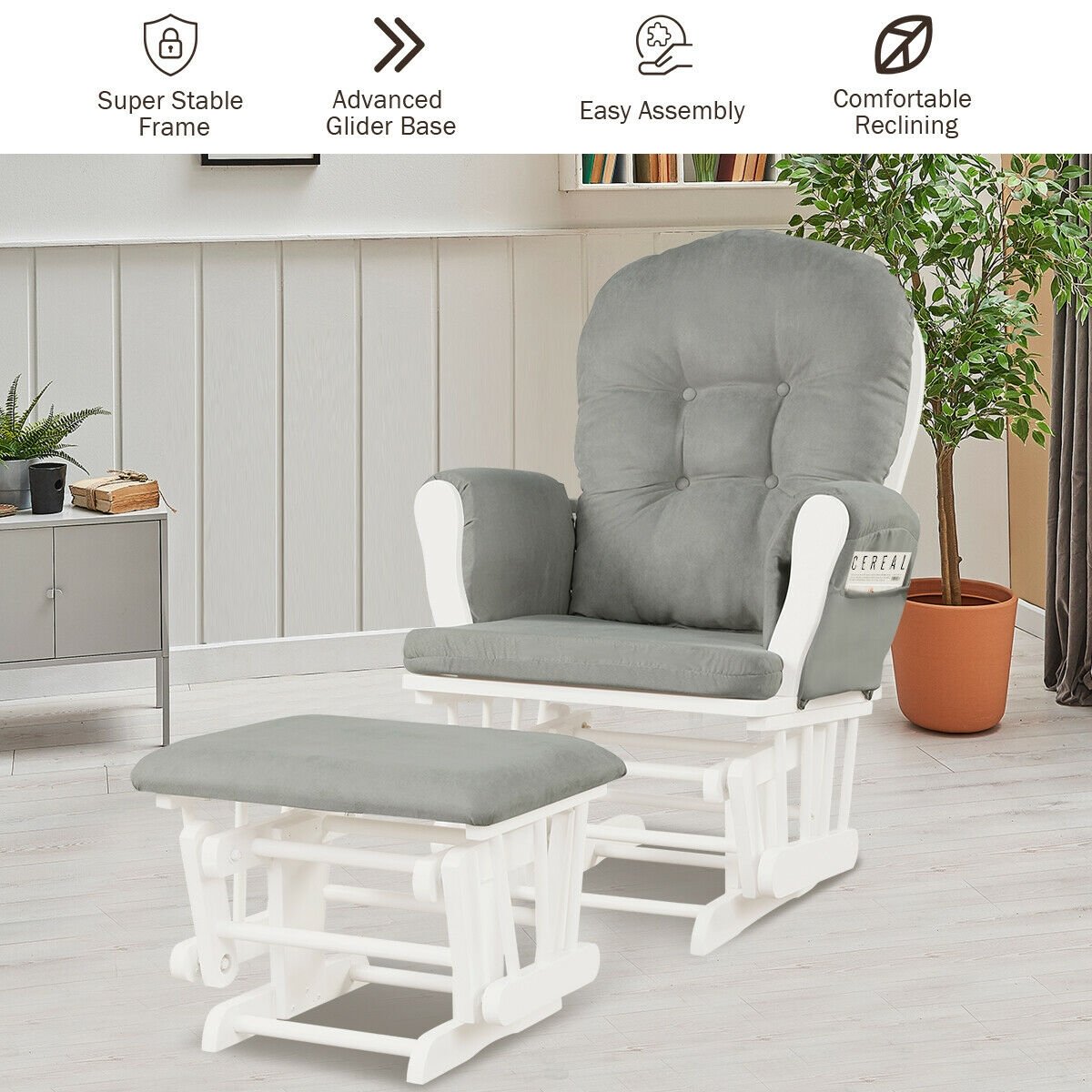 Wood Glider and Ottoman Set with Padded Armrests and Detachable Cushion-Beige