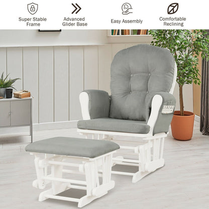 Wood Glider and Ottoman Set with Padded Armrests and Detachable Cushion-Beige
