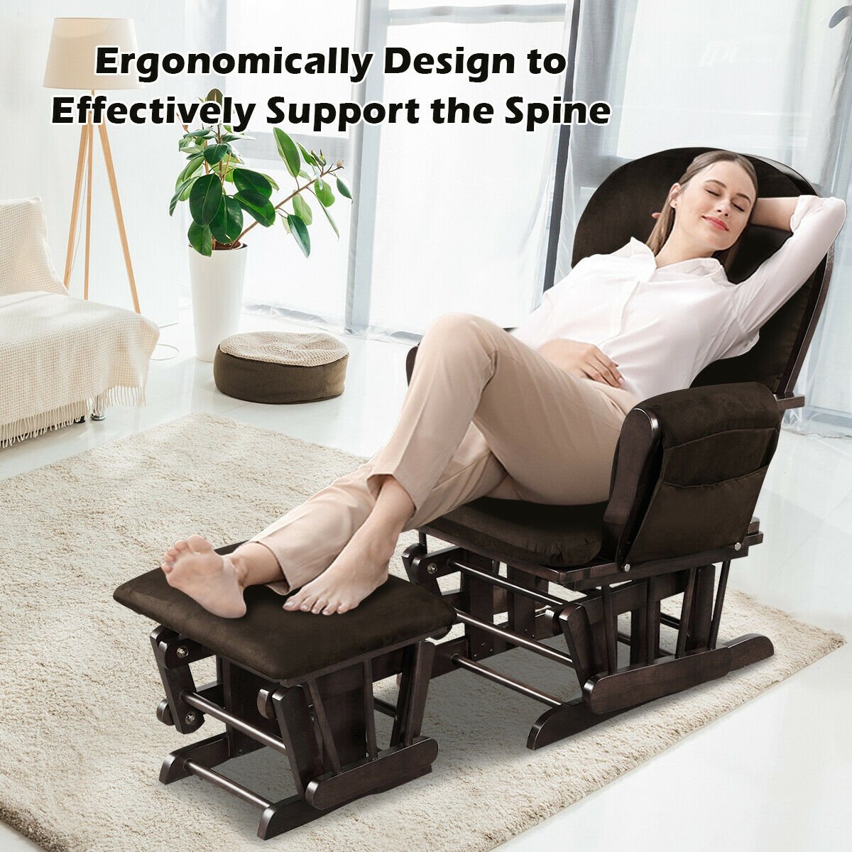 Wood Glider and Ottoman Set with Padded Armrests and Detachable Cushion-Beige