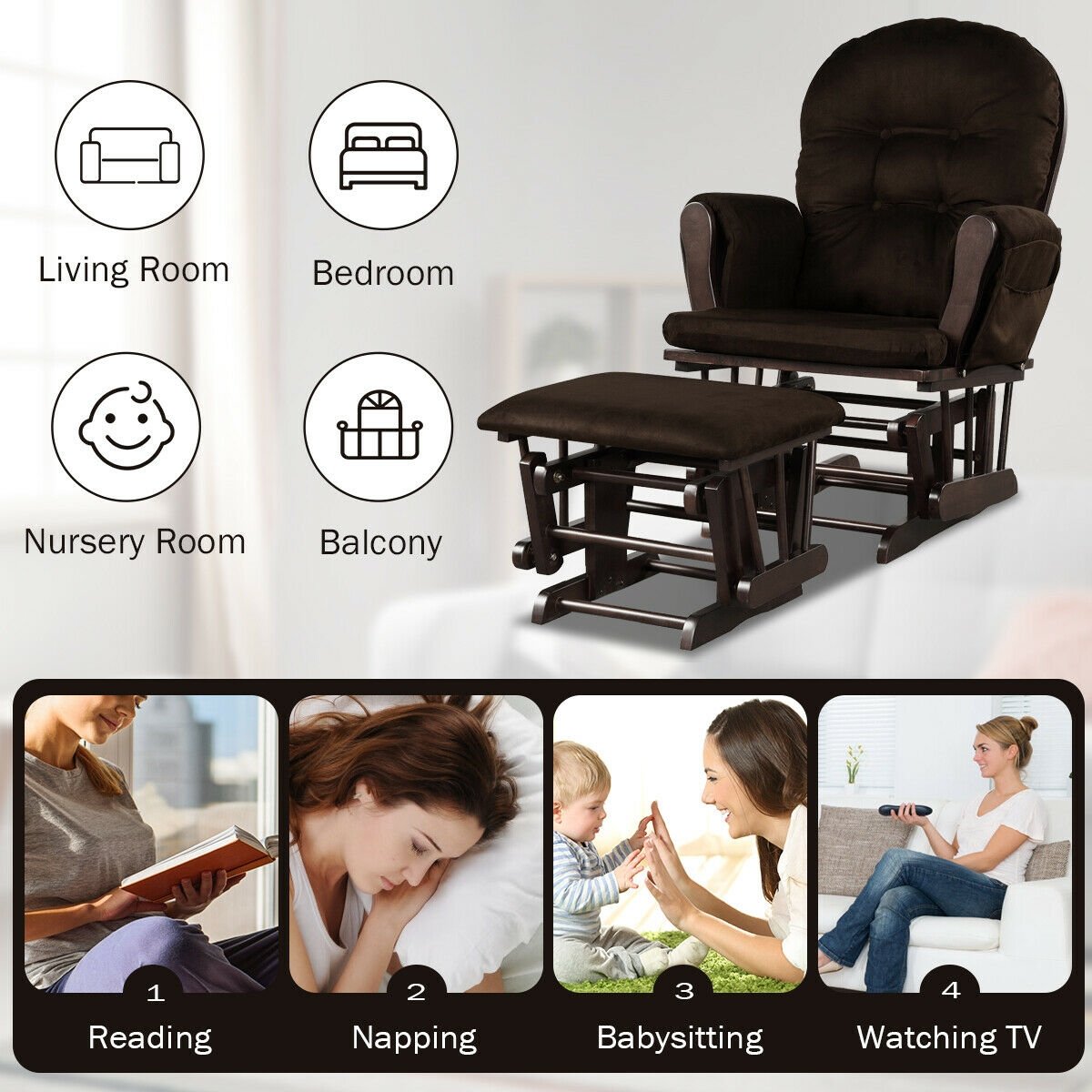 Wood Glider and Ottoman Set with Padded Armrests and Detachable Cushion-Beige