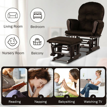 Wood Glider and Ottoman Set with Padded Armrests and Detachable Cushion-Beige