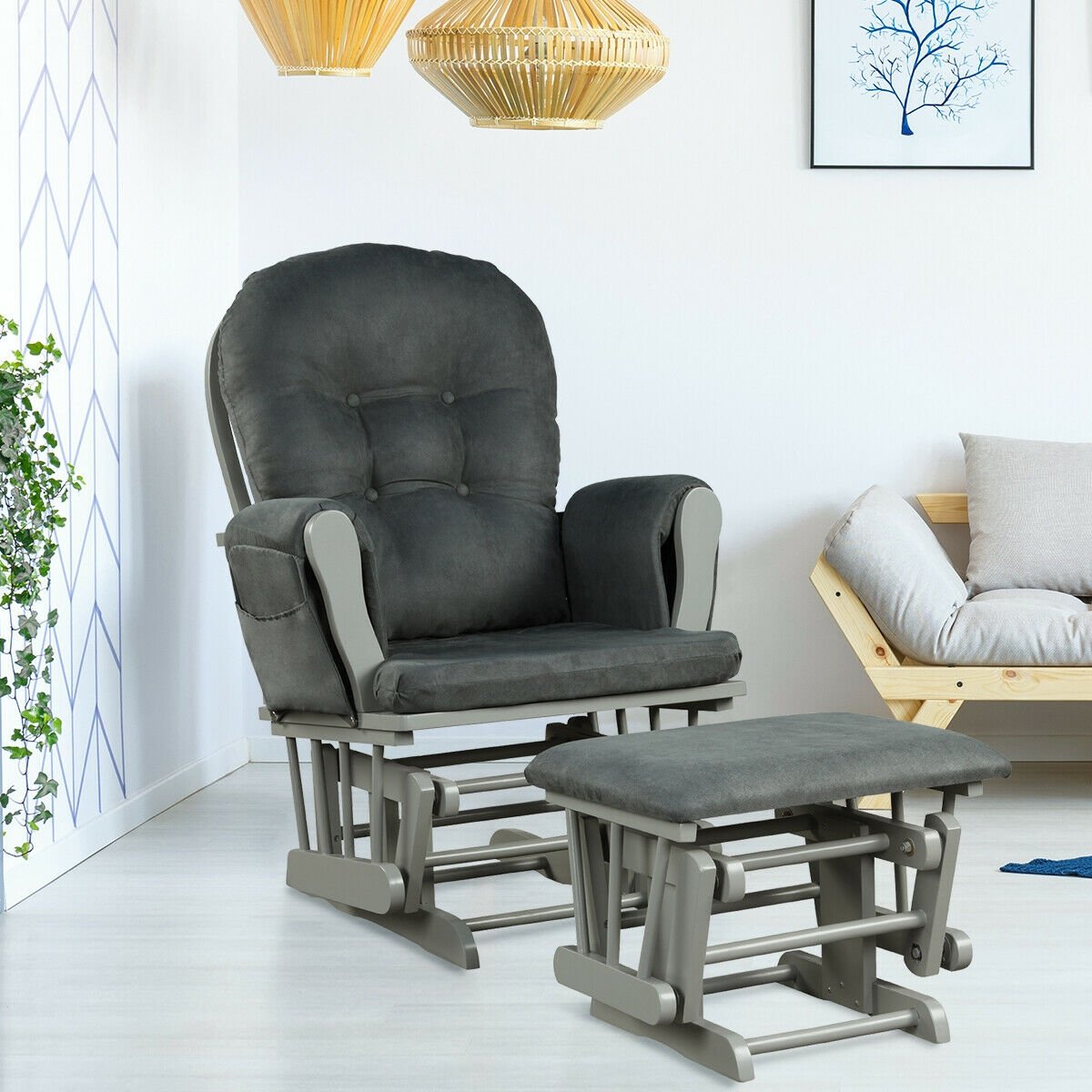 Wood Glider and Ottoman Set with Padded Armrests and Detachable Cushion-Beige