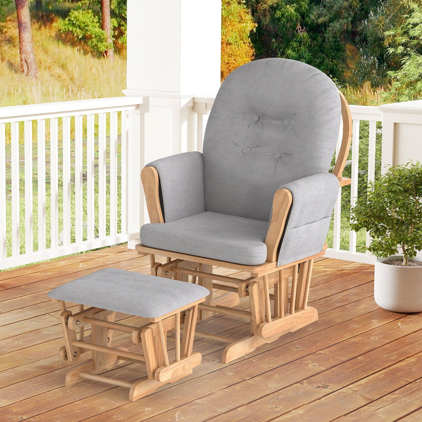 Wood Glider and Ottoman Set with Padded Armrests and Detachable Cushion-Beige