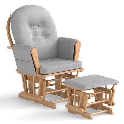 Wood Glider and Ottoman Set with Padded Armrests and Detachable Cushion-Beige