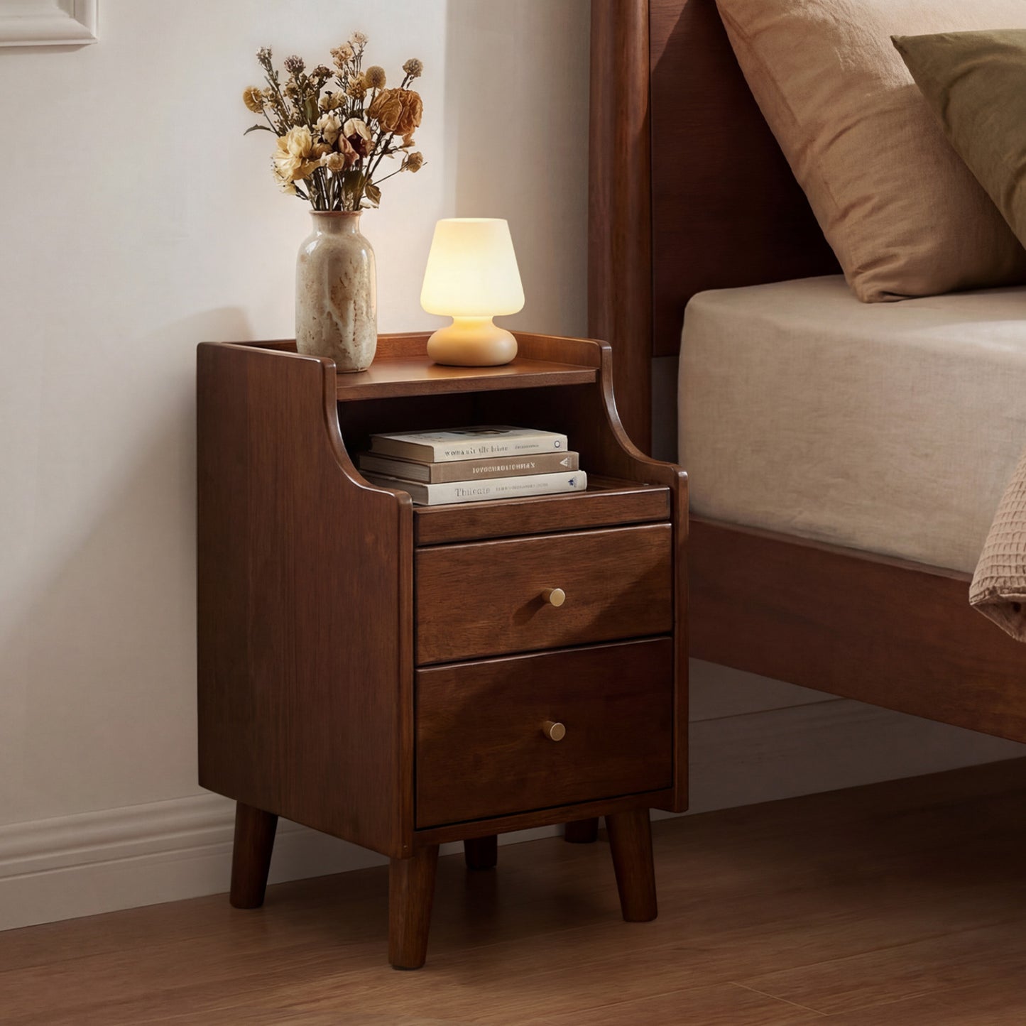 Wood Nightstand with Drawers and Solid Wood Legs for Bedroom-Brown