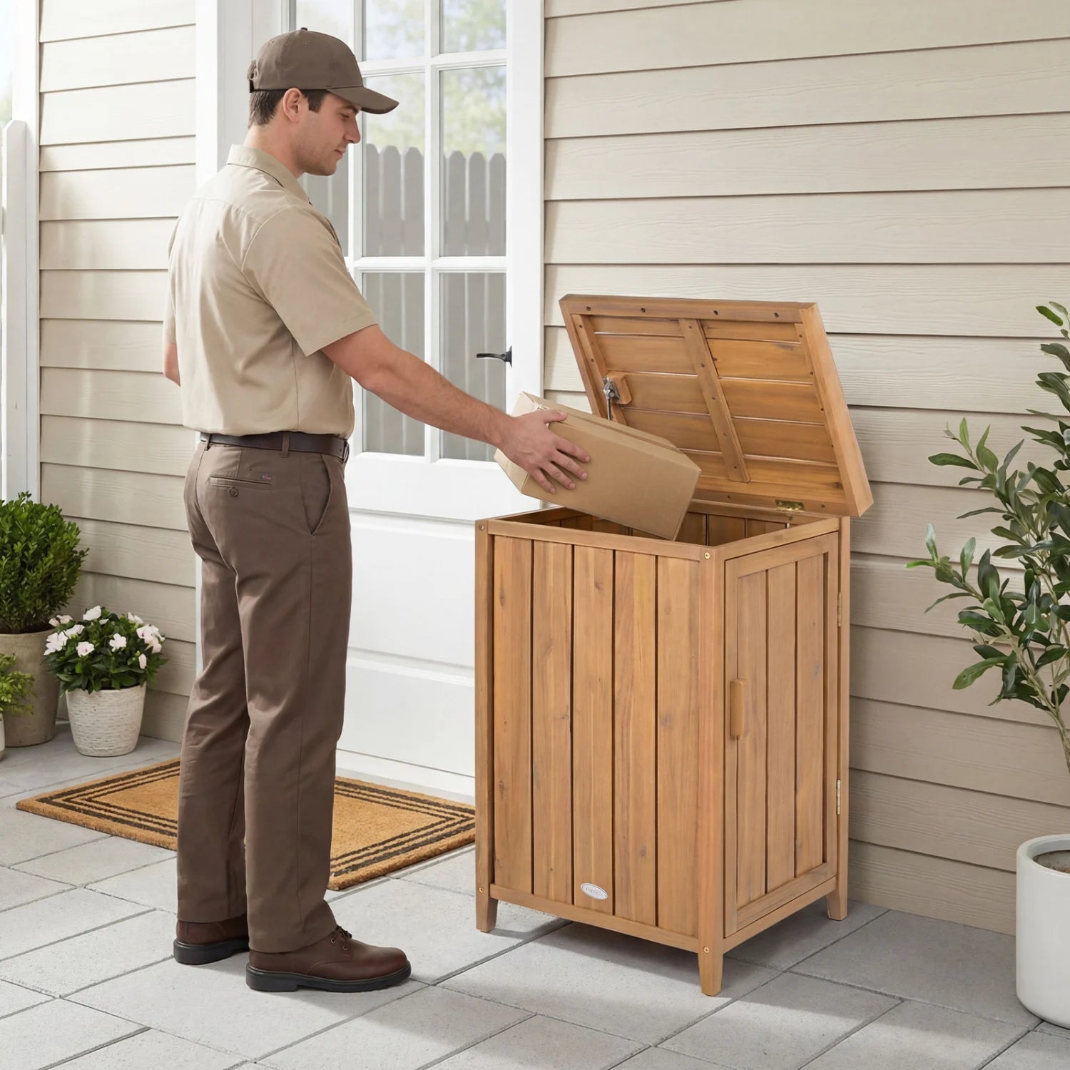 Wood package delivery box with openable lid and removable shelf, outdoor storage shed by Direct by Wilsons Home Store.