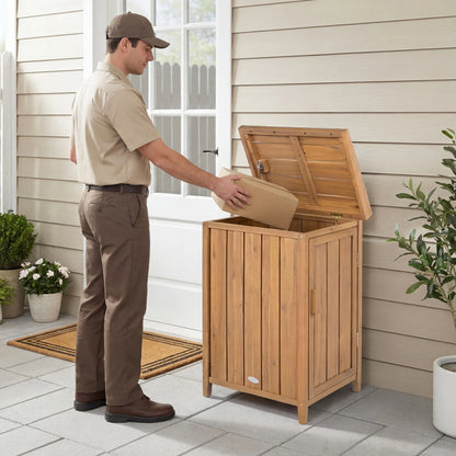Wood package delivery box with openable lid and removable shelf, outdoor storage shed by Direct by Wilsons Home Store.
