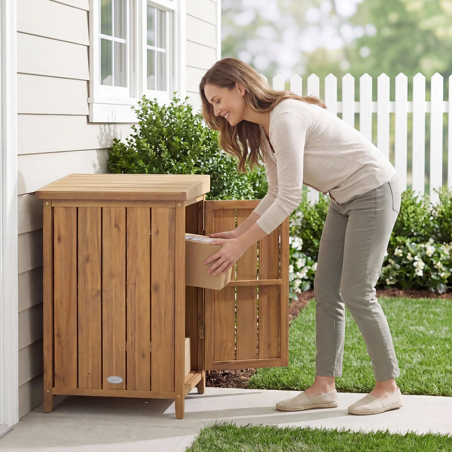 Wood package delivery box with openable lid and removable shelf, outdoor storage shed by Direct by Wilsons Home Store.