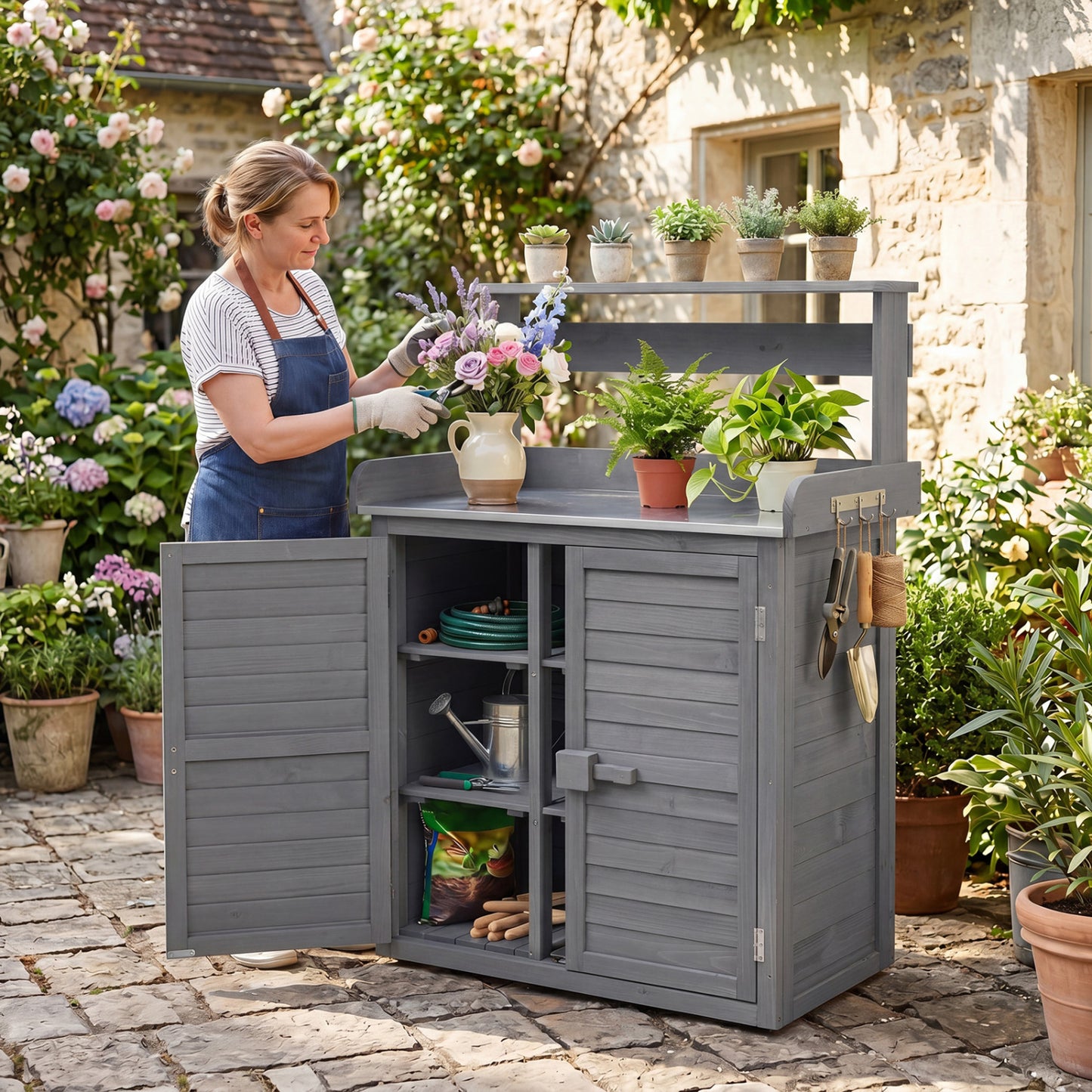 Wood Plant Workstation with Stainless Steel Tabletop and Removable Shelves-Gray