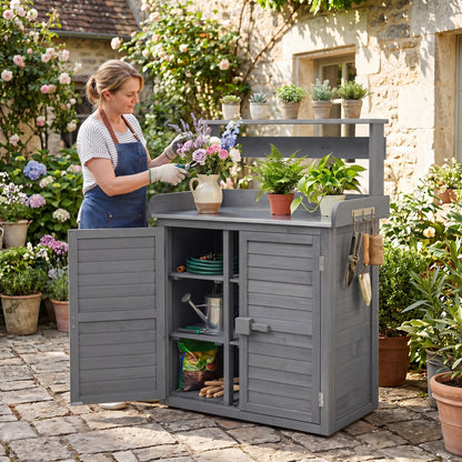 Wood Plant Workstation with Stainless Steel Tabletop and Removable Shelves-Gray