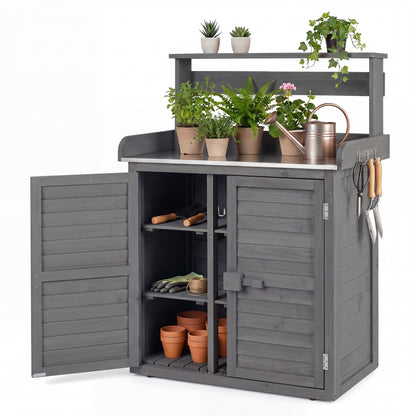 Wood Plant Workstation with Stainless Steel Tabletop and Removable Shelves-Gray