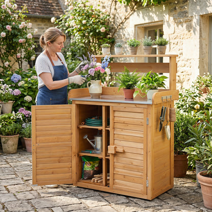 Wood Plant Workstation with Stainless Steel Tabletop and Removable Shelves-Gray