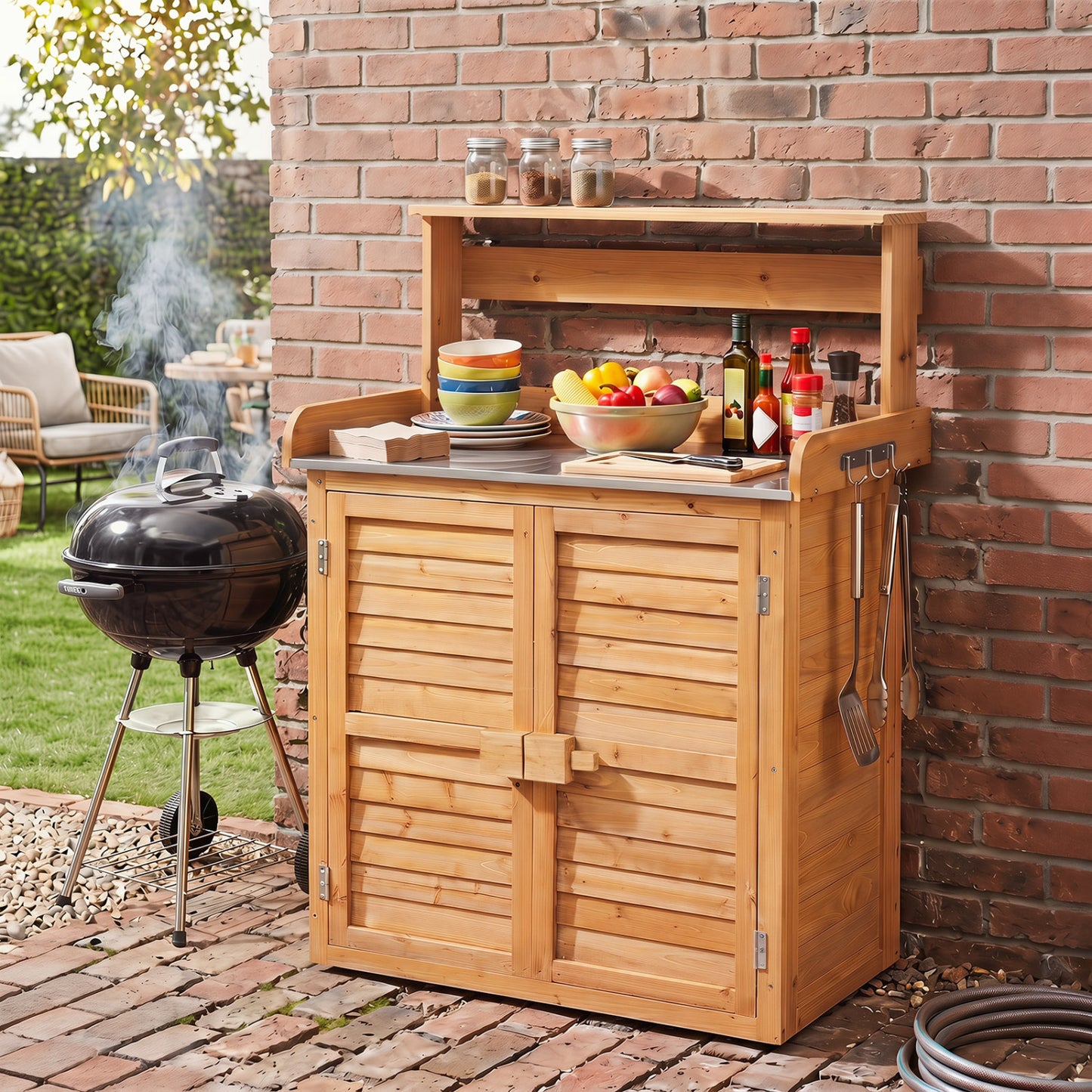 Wood Plant Workstation with Stainless Steel Tabletop and Removable Shelves-Gray