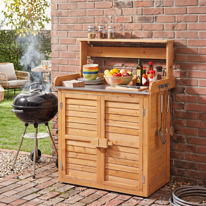 Wood Plant Workstation with Stainless Steel Tabletop and Removable Shelves-Gray