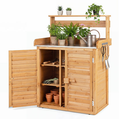 Wood Plant Workstation with Stainless Steel Tabletop and Removable Shelves-Gray
