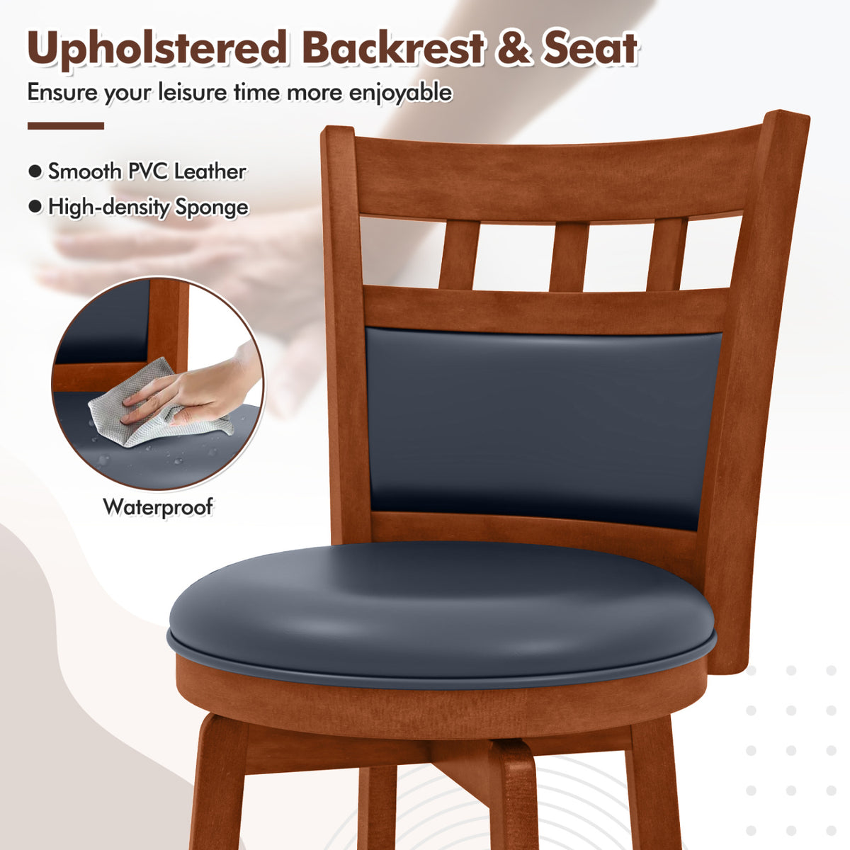 Wood Swivel Bar Stools Set of 4 with Faux Leather Upholstered Seat and Back-24"