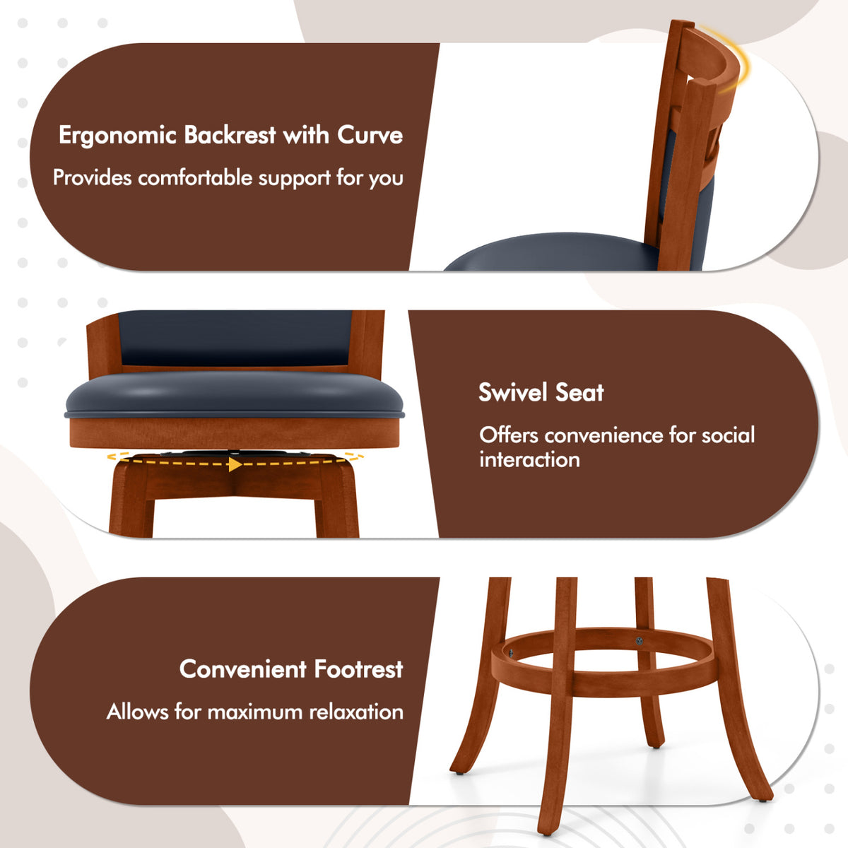 Wood Swivel Bar Stools Set of 4 with Faux Leather Upholstered Seat and Back-24"