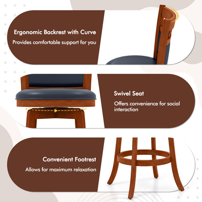 Wood Swivel Bar Stools Set of 4 with Faux Leather Upholstered Seat and Back-24"