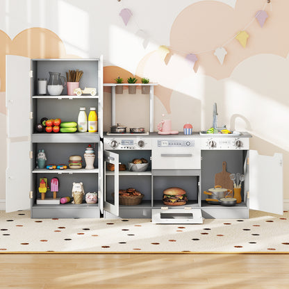 Wooden 2 Piece Kids Kitchen Playset with Fridge and Running Water-Gray