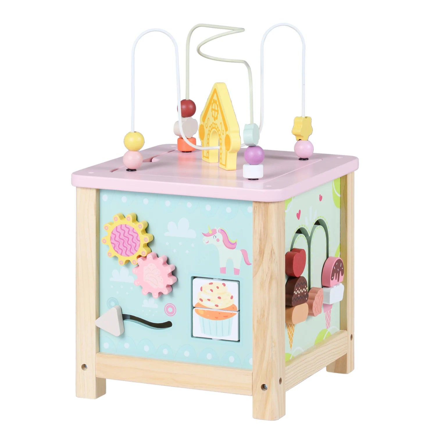 Wooden activity cube with Montessori sensory toys for toddlers 18+ months, featuring colorful shapes and engaging learning elements.