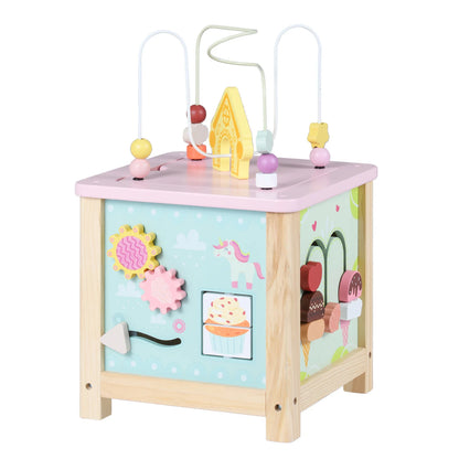 Wooden activity cube with Montessori sensory toys for toddlers 18+ months, featuring colorful shapes and engaging learning elements.