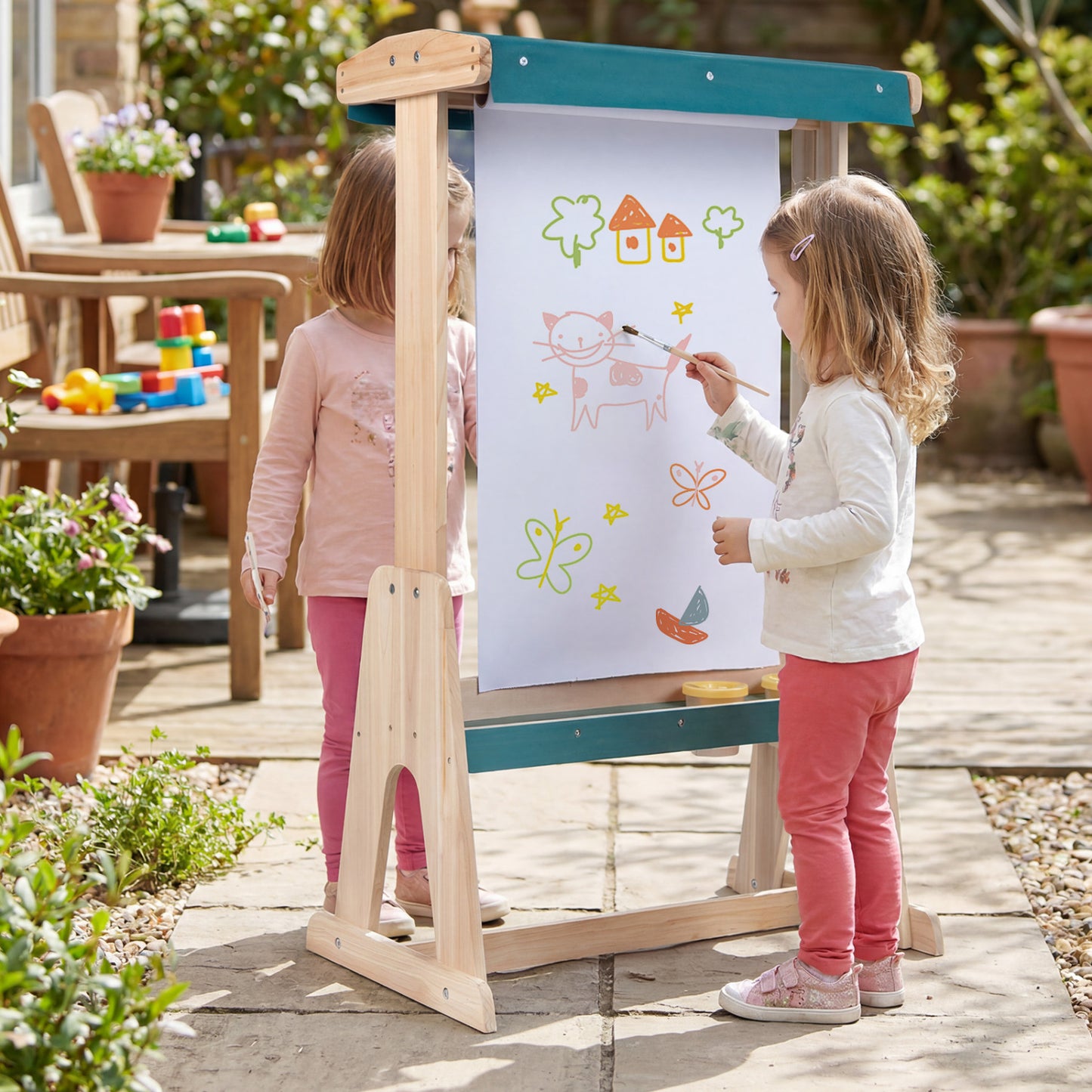 Wooden art easel for kids with transparent board and paper roll, natural finish, ideal for children's art and creativity.