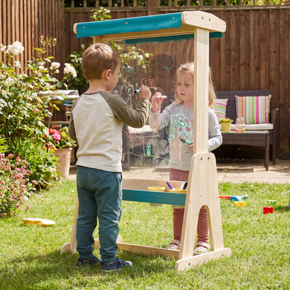 Wooden art easel for kids with transparent board and paper roll, natural wood finish, designed for children's art and creativity.