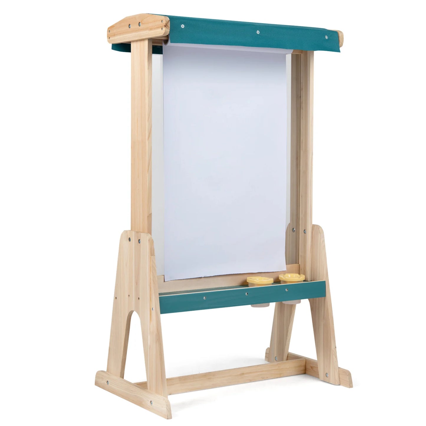 Wooden art easel for kids with transparent board and paper roll, natural finish, ideal for children’s art and creative activities.