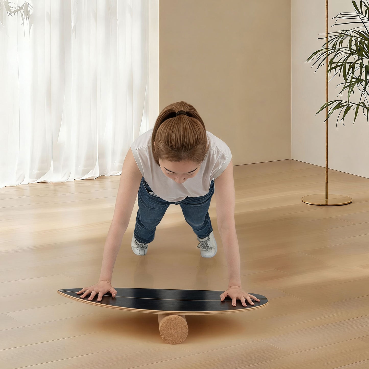 Wooden Balancing Board with Cork Roller and Storage Rack to Exercise-HS
