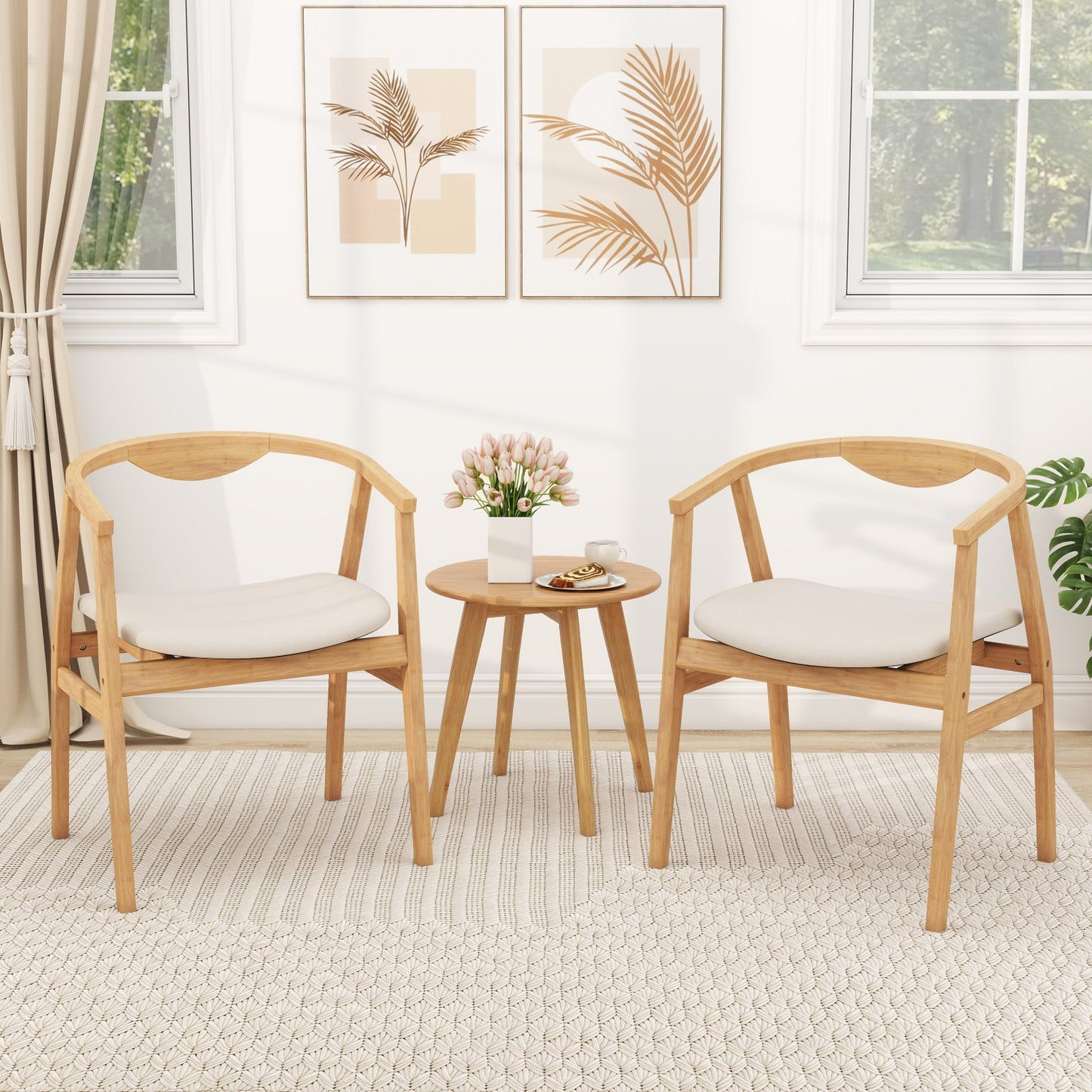 Wooden Bamboo Accent Chair with Armrest and Curved Backrest-Natural