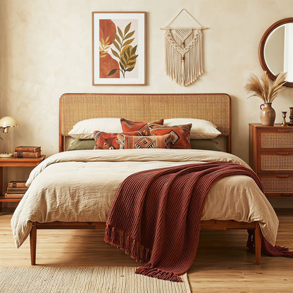 Wooden boho rattan queen bed frame with brown finish and wooden slat support, featuring a simple, natural design.