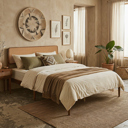 Wooden boho rattan queen bed frame with wooden slat support, brown finish, simple design for bedroom furniture.