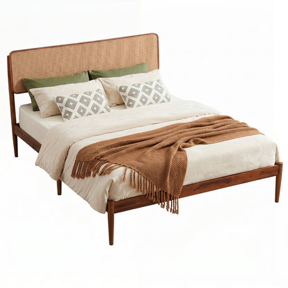 Wooden boho rattan queen bed frame with brown finish and wooden slat support, designed for a stylish bedroom setting.