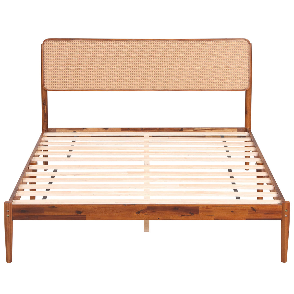Wooden boho rattan queen size bed frame with brown finish and wooden slat support, simple bedroom furniture design.