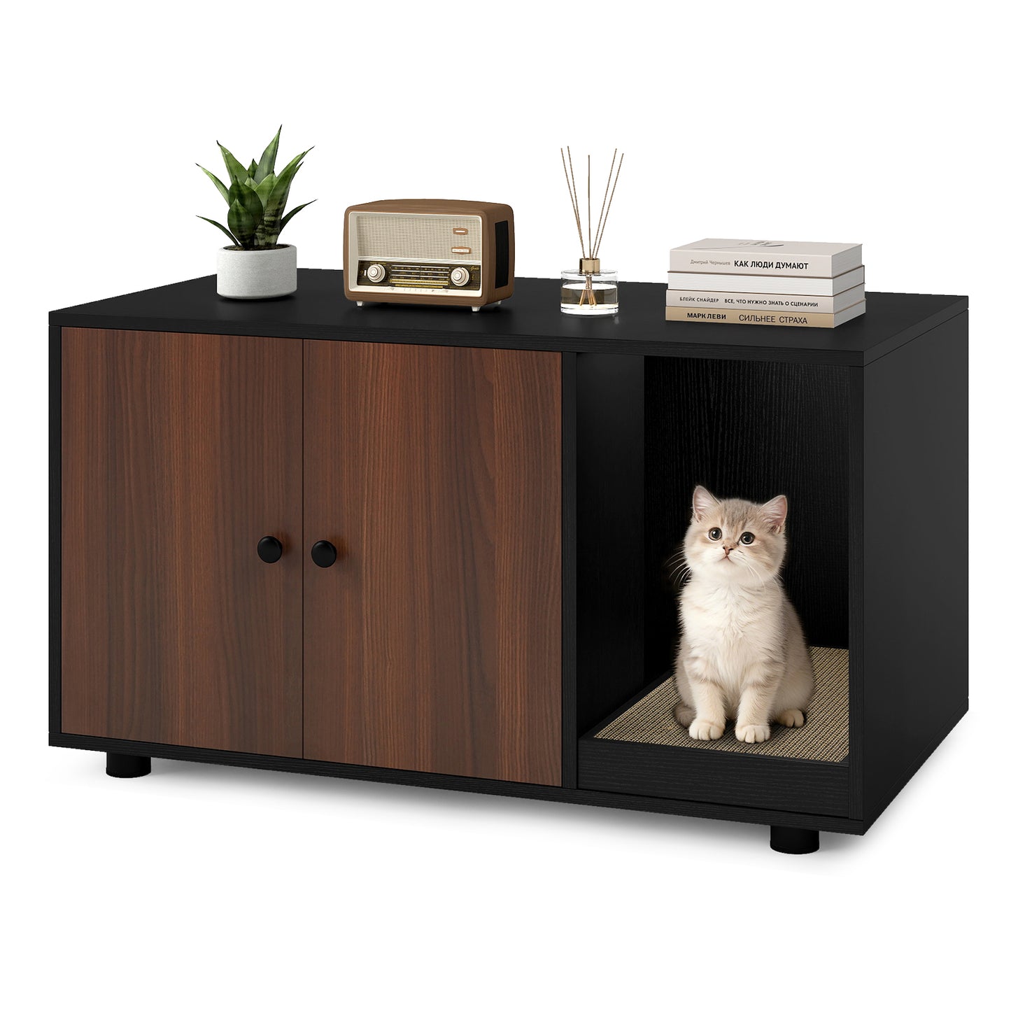 Wooden Cat Litter Box Enclosure Hidden Litter Box Furniture with Scratching Board-Black