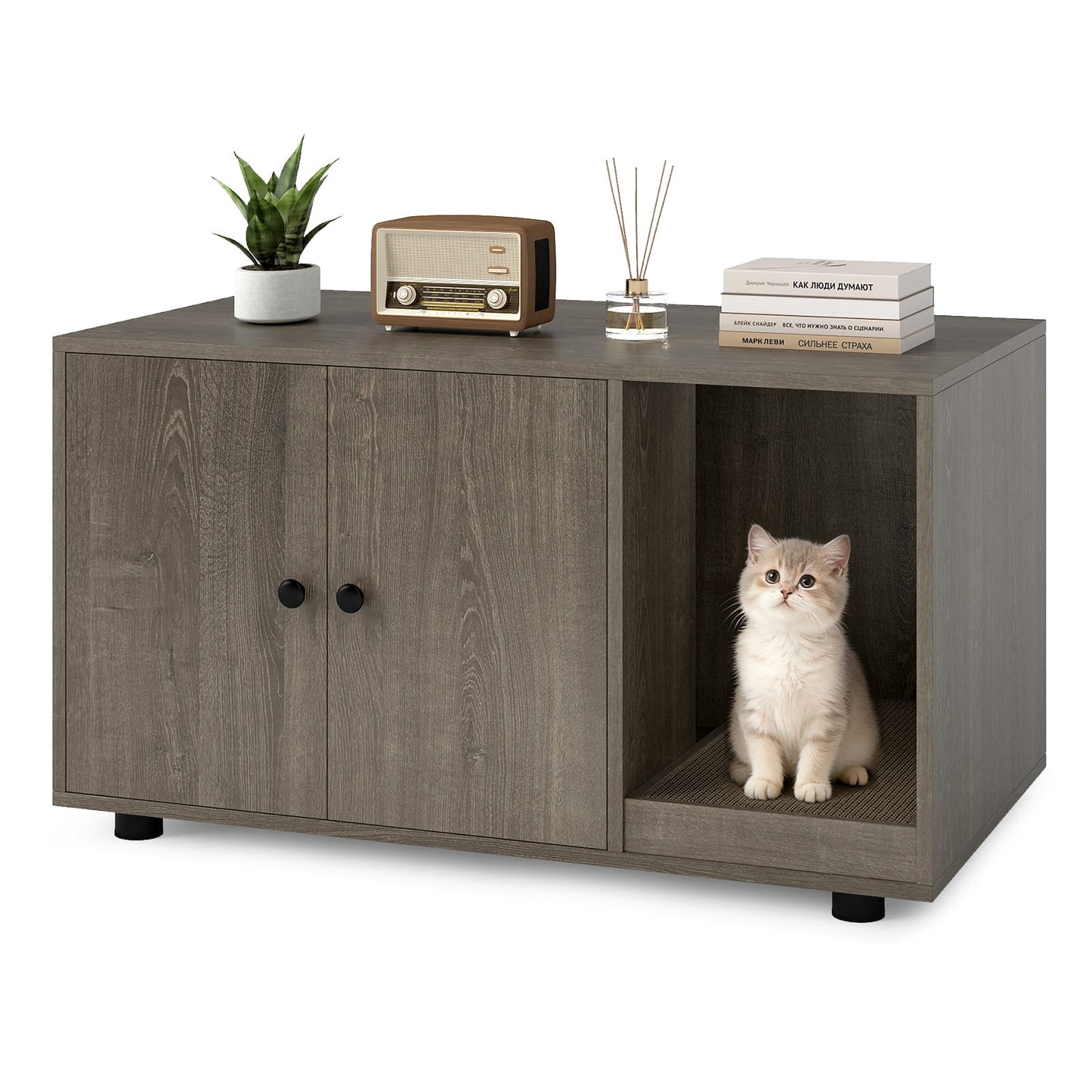 Wooden Cat Litter Box Enclosure Hidden Litter Box Furniture with Scratching Board-Oak