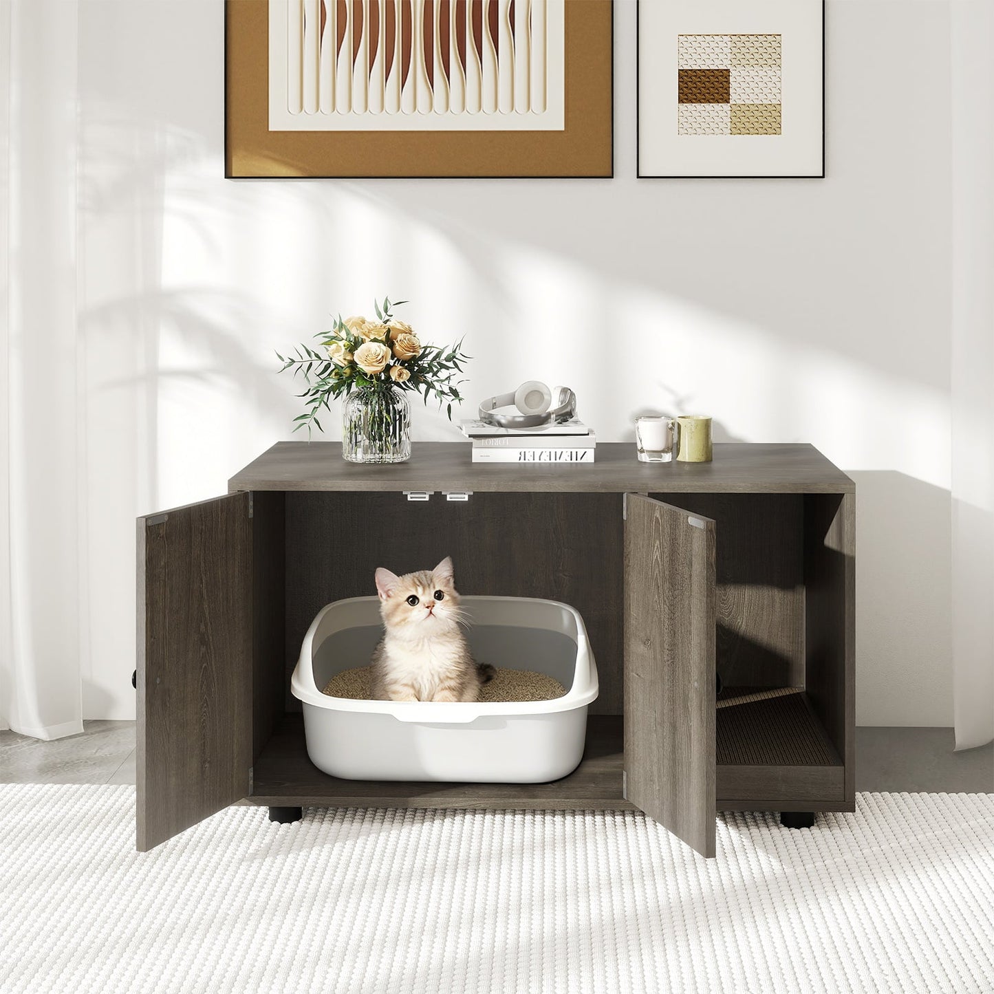 Wooden Cat Litter Box Enclosure Hidden Litter Box Furniture with Scratching Board-Oak